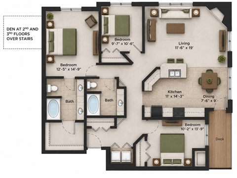Floor plan for 3 beds, 2 baths, 1460 sqft